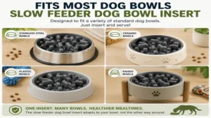 Slow feeder dog bowl insert compatible with stainless steel, ceramic, and plastic dog bowls.
