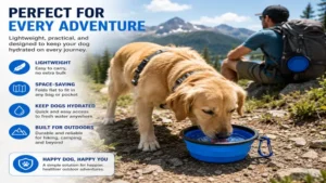 Dog foldable water bowl being used by a dog during a hiking adventure in the mountains.