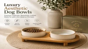 Premium aesthetic dog bowls made from high-quality ceramic and natural wood