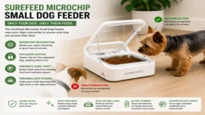 surefeed microchip small dog feeder allowing only the registered pet to access its food.