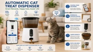 Automatic cat treat dispenser used at home to keep cats entertained and rewarded throughout the day