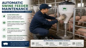 automatic swine feeder being cleaned and maintained to ensure reliable daily performance.