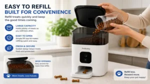 Refilling treats into an automatic treat dispenser with an easy-open storage compartment
