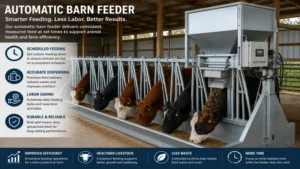 Barn feeder with automatic feeding system helping reduce daily farm labor.