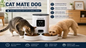 Happy cat and dog using a cat mate dog automatic feeder during mealtime