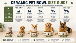 Ceramic pet bowl size guide showing recommended bowl capacities for different pet sizes