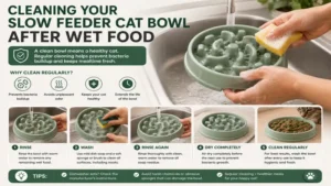 Step-by-step guide for cleaning slow feeder cat bowl wet food after every meal to maintain hygiene.
