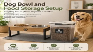 dog bowl and food storage setup featuring elevated bowls, airtight food container, and an organized feeding area for dogs.