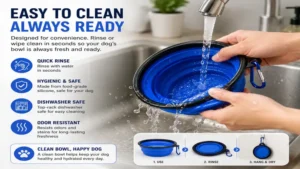 Dog foldable water bowl being rinsed clean after outdoor use for better hygiene.