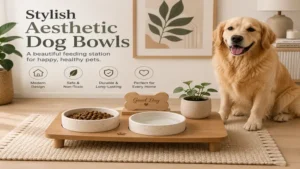 Stylish aesthetic dog bowls arranged as a modern pet feeding station