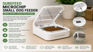Close-up of surefeed microchip small dog feeder with automatic lid and secure food access.