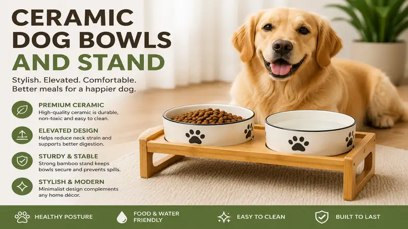 Ceramic dog bowls and stand providing a stylish elevated feeding solution for dogs