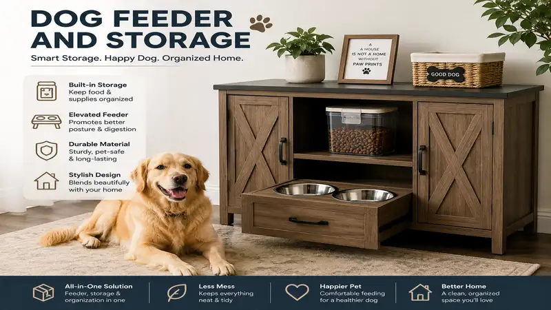 Modern dog feeder and storage cabinet with elevated bowls and built-in food storage for an organized pet feeding station.