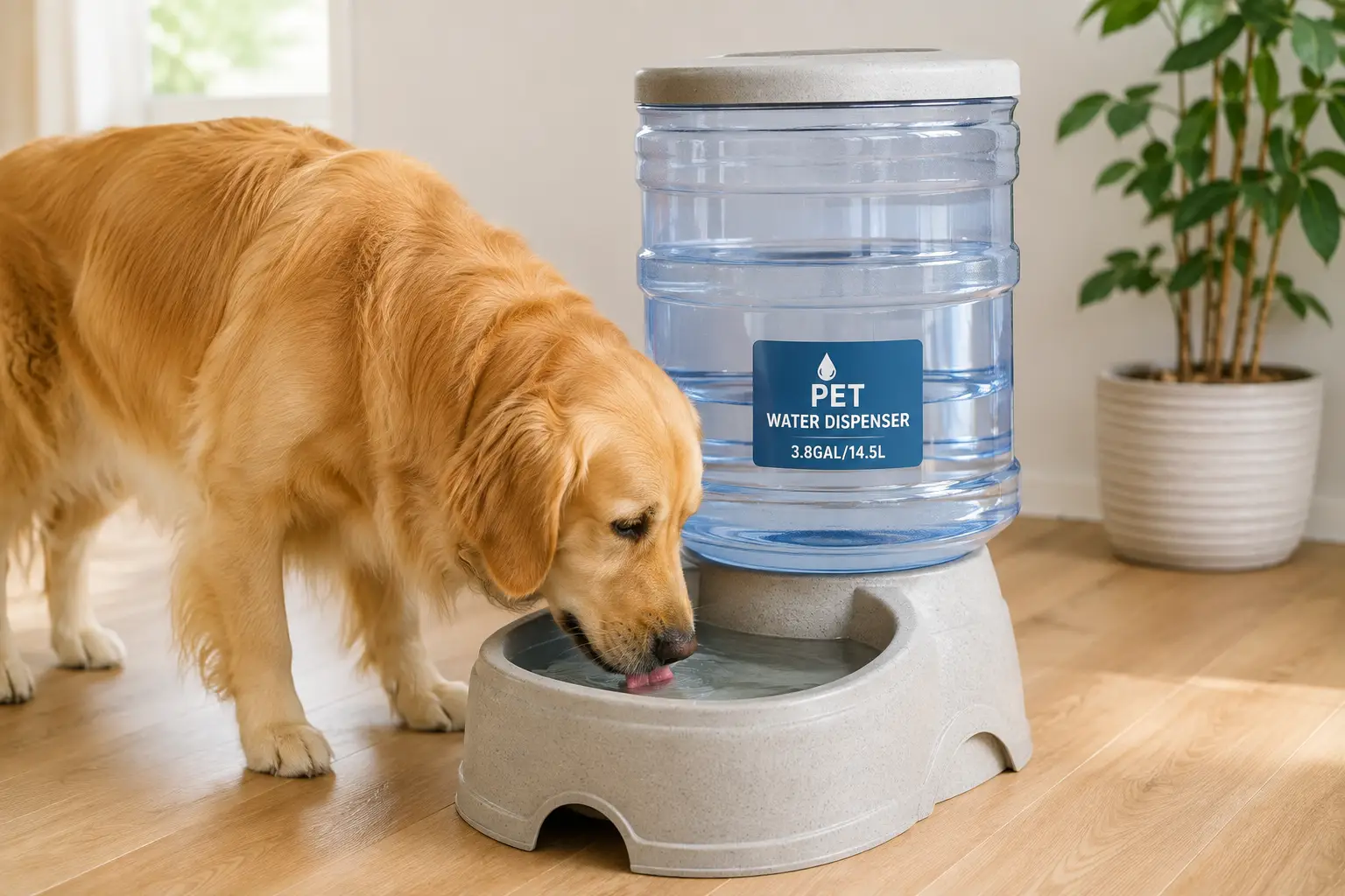 Large dog drinking from a spacious water dispenser designed to provide plenty of fresh water for dogs.