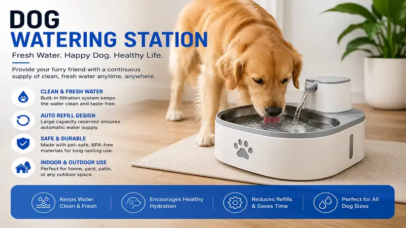 Dog watering station providing fresh, clean drinking water for dogs indoors and outdoors