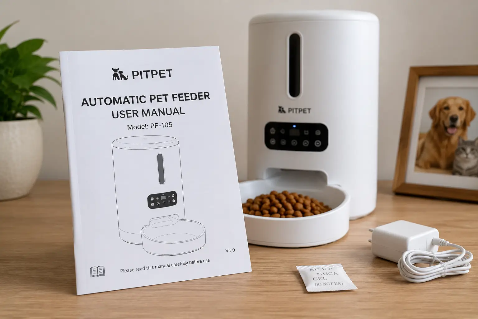 PITPET automatic pet feeder manual beside an automatic feeder and pet food bowl
