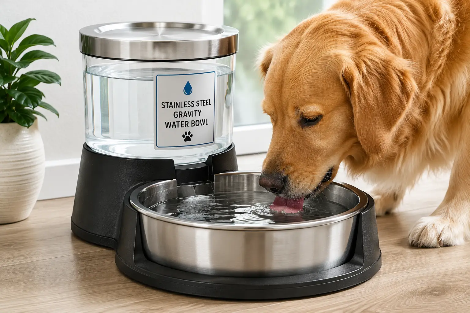 Stainless steel gravity water bowl with a large water reservoir providing fresh drinking water for a dog.