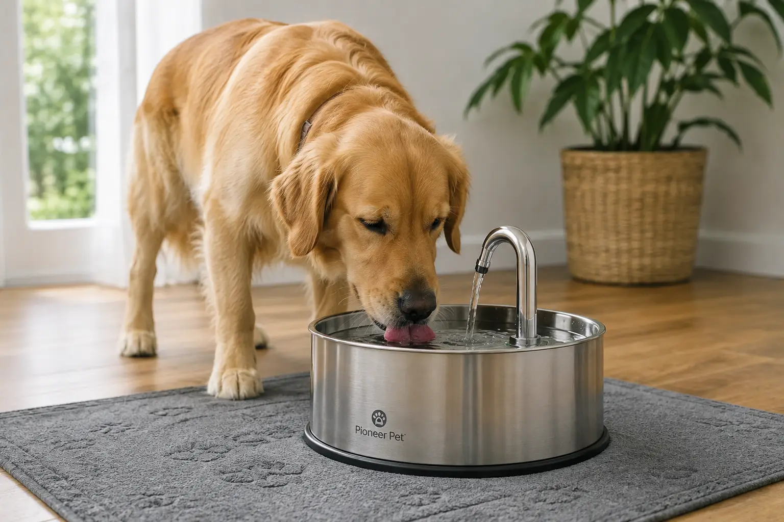Golden retriever drinking from a stainless steel water fountain for dogs indoors