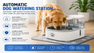 Dog watering station with an automatic refill system to keep pets hydrated throughout the day
