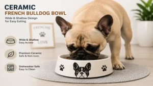 Ceramic french bulldog bowl with a wide and shallow design for easy eating