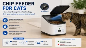 chip feeder for cats recognizing a registered cat's microchip before opening the lid