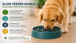 Are slow feeders good for dogs? A dog eating calmly from a slow feeder bowl designed to encourage slower eating