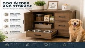 Rustic dog feeder and storage cabinet with organized compartments for dog food, treats, and feeding accessories.