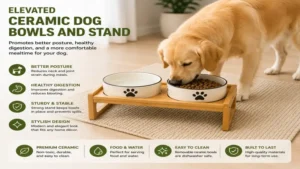 Elevated ceramic dog bowls and stand promoting comfortable feeding posture for pets
