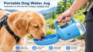 Portable dog water jug with an easy-pour design for hiking and camping trips