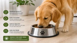 stainless steel pet bowl filled with dry food for a happy dog at mealtime