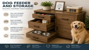 Wooden dog feeder and storage unit with pull-out drawers and hidden storage for dog food and supplies.