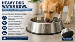 heavy dog water bowl featuring a non-slip rubber base for maximum stability