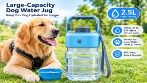 Large-capacity dog water jug providing fresh drinking water for active dogs on long outings