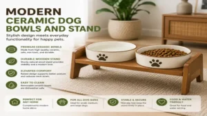 Modern ceramic dog bowls and stand with a durable wooden frame for daily use