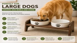 Ceramic dog bowls and stand designed for large dogs with stable elevated support