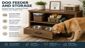 Functional dog feeder and storage featuring elevated stainless steel bowls that promote comfortable feeding.
