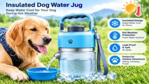 Insulated dog water jug helping keep water cool during hot weather adventures