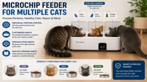 microchip feeder for multiple cats with controlled food portions for each cat