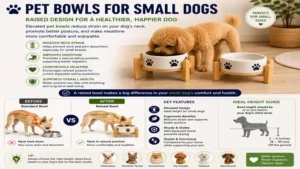 Pet bowls for small dogs with a raised design to support comfortable feeding posture