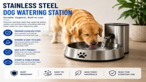 Dog watering station featuring a durable stainless steel bowl for everyday use