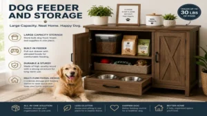 Large-capacity dog feeder and storage solution with spacious compartments for kibble, treats, toys, and accessories.