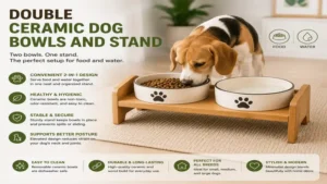 Double ceramic dog bowls and stand for serving food and water in one convenient feeder