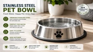 stainless steel pet bowl filled with clean water for everyday hydration