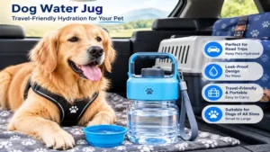 Travel-friendly dog water jug stored in a vehicle for convenient pet hydration on road trips
