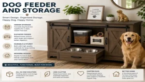 Stylish dog feeder and storage furniture that combines pet feeding with elegant home organization.