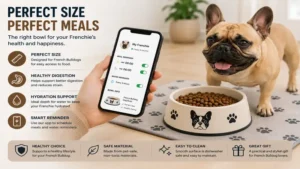 Correctly sized french bulldog dog bowl providing easy access to food for brachycephalic dogs.