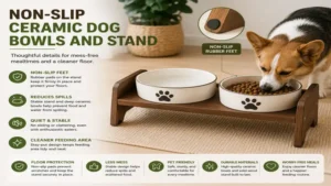 Non-slip ceramic dog bowls and stand helping reduce spills during mealtime