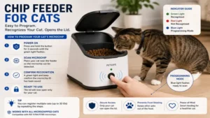 chip feeder for cats being programmed to recognize a cat's registered microchip ID