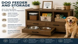 Multi-functional dog feeder and storage pet station with organized storage and convenient pull-out feeding bowls.