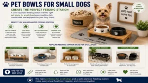 Pet bowls for small dogs arranged in an organized feeding station for a tidy mealtime area